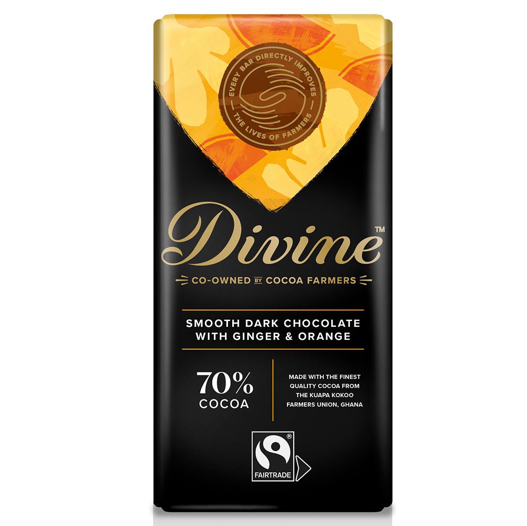 DIVINE MØRK SJOKOLADE MED INGEFÆR OG APPELSIN 90 GRAM